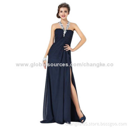 Evening dress, off neckline, open backless, made up of chiffon